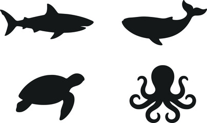Marine animal silhouettes featuring shark, whale, sea turtle, and octopus icons symbolizing ocean wildlife and aquatic biodiversity © MDSORMAN