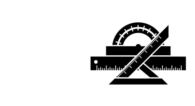 A black and white graphic icon featuring a protractor ruler and triangle set square.