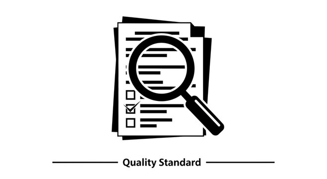 A black and white icon representing quality standard inspection with a magnifying glass over a checklist.