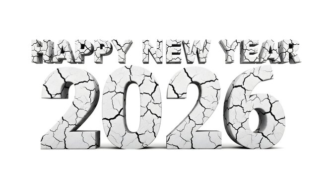 Stylized cracked lettering of happy new year 2026 message isolated on white studio backdrop