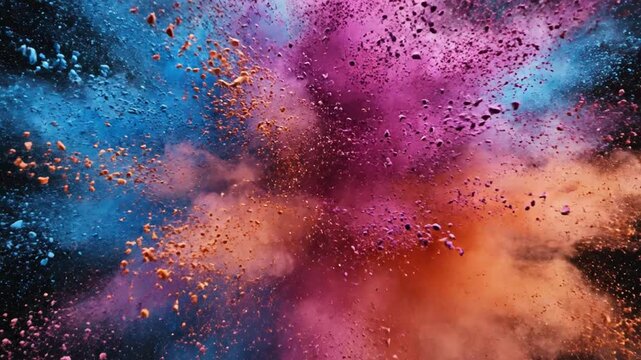 Powder explosion bursts into a vibrant cloud of multicolored dust against a solid black backdrop.