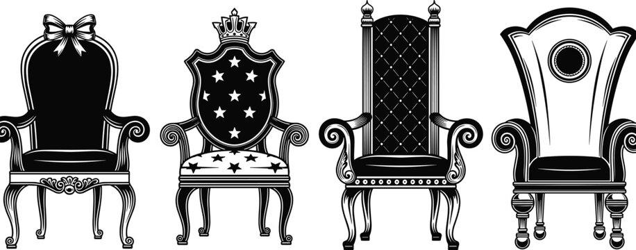 Ornate throne chair silhouettes highlighting regal luxury, decorative furniture artistry, and majestic seating designs for creative graphic projects
