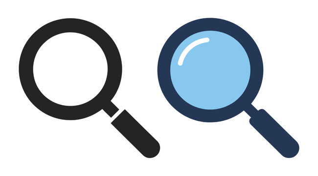Search icon set with magnifying glass and loupe symbol, find tool sign for discovery, query system, application search, website navigation and user interface elements.
