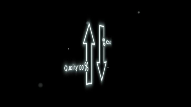 Neon 3d Arrow Animation Displaying Quality One Hundred Percent Increase And Cost Decrease With Floating Particles Transparent Alpha Channel For Business Infographics Loop Motion Graphics