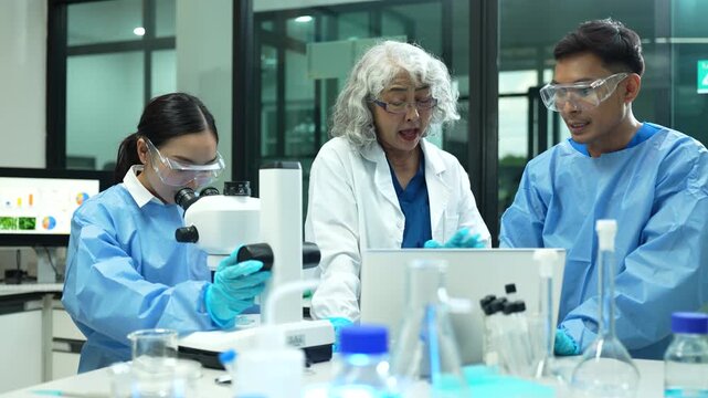 Environmental scientist testing water quality sample for microplastics and chemical contaminants in laboratory.