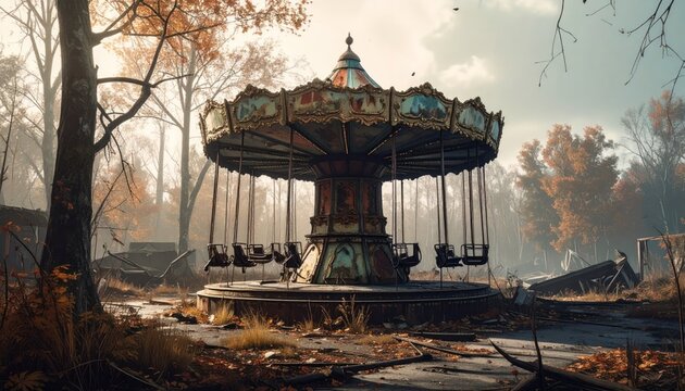 Abandoned Carousel in Overgrown Amusement Park, Post-Apocalyptic Scene