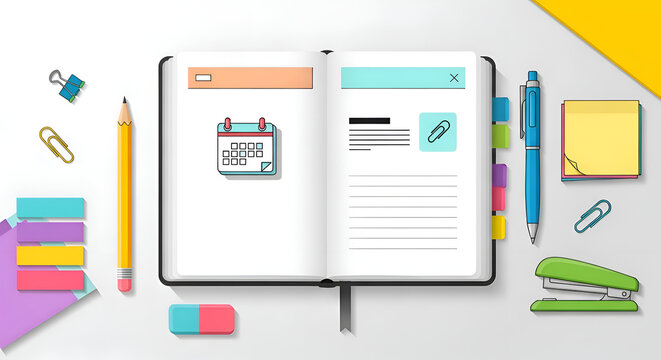 Flat design open notebook with calendar pencil stapler and sticky notes on a light surface
