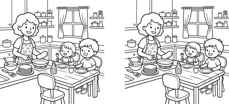  Find the Differences Activity for Kids with Mother Cooking Pancakes in the Kitchen, Educational Coloring Page Illustration for Children, Family Morning Breakfast Puzzle Game