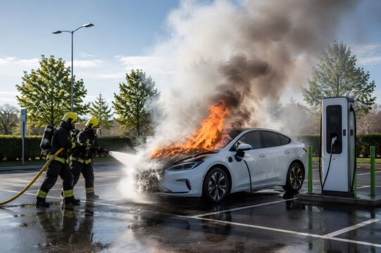 Firefighters extinguishing electric vehicle fire at charging station