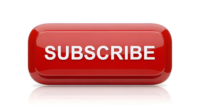 Glossy red ""Subscribe"" button with reflective surface on white background 3D render