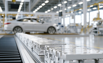 Fototapeta premium Modern automotive car body assembly line inside an automated smart factory