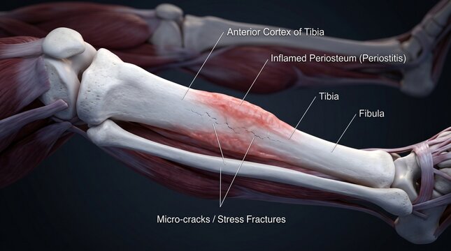 Tibia and fibula anatomy illustration showing periosteitis and stress fractures