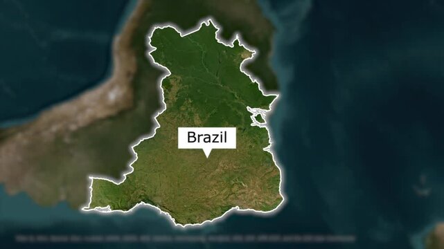 Brazil map zoom, country border animation, satellite terrain, location pin text box, focused highlight effect, South American outline, blurred surroundings, infographic cartography motion