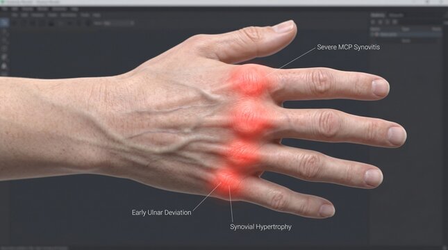 Human hand displaying severe MCP synovitis synovial hypertrophy and early ulnar deviation highlighted with red