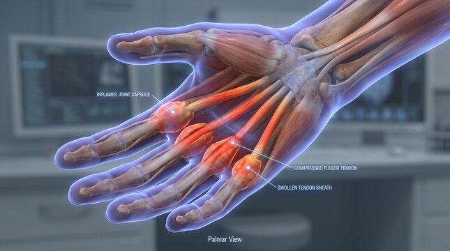Anatomical illustration of a human hand's flexor tendons showing inflammation and compression