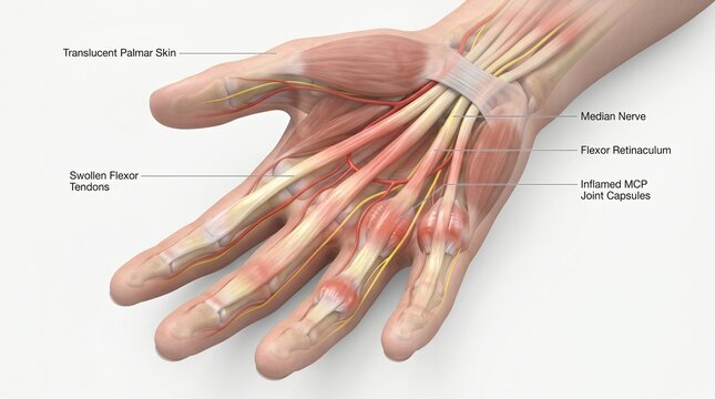 Anatomical illustration shows inflamed MCP joint capsules swollen flexor tendons median nerve and flexor retinaculum in