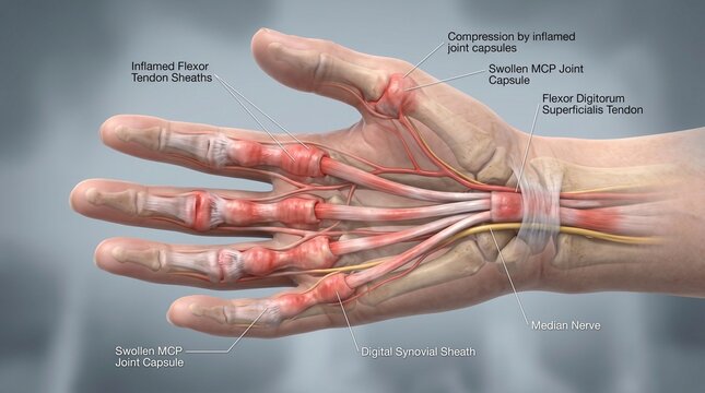 Anatomical illustration of the human hand showing inflamed tendon sheaths and swollen joint capsules