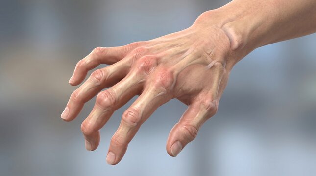 Anatomical depiction of a hand with visible joints and tendons some showing signs of inflammation