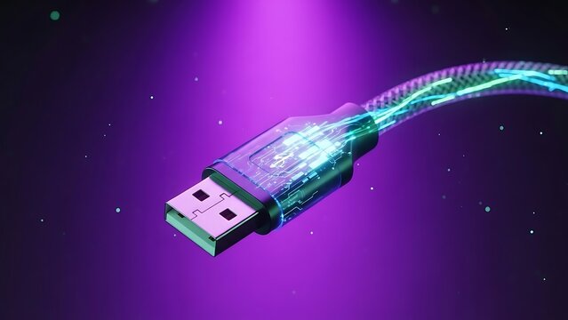 Glowing USB Cable with Fiber Optics on Purple Background.