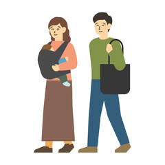 Fototapeta premium フラットイラスト：抱っこされる赤ちゃんと若い夫婦