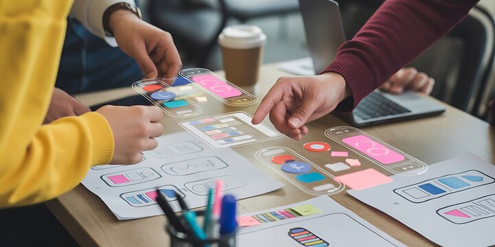 UI UX Design Team Brainstorming User Interface Wireframes in Creative Office