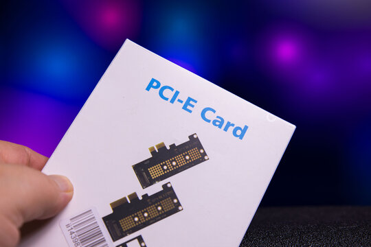 White retail packaging featuring a PCI-E Card designed for high-speed data transfer in desktop computers. The box displays an image of the expansion cards connector, highlighting gold-plated contacts