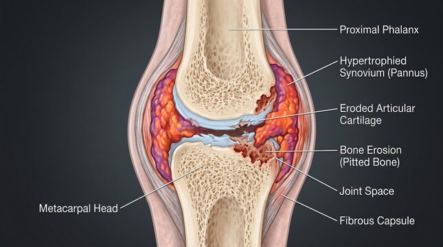 Medical illustration of a rheumatoid arthritis joint showing bone erosion inflamed synovium and eroded cartilage