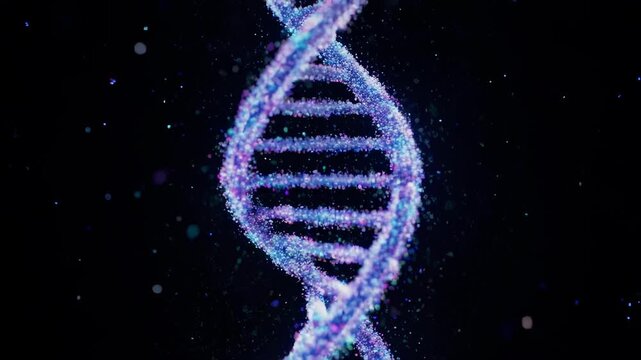 Abstract, vibrant image of a DNA double helix, rendered with shimmering particles, set on black