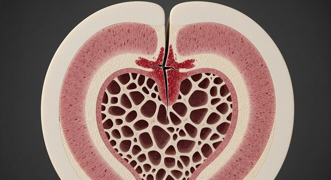 Anatomical cross section of a bone showing trabecular structure and cortical layers with a fracture