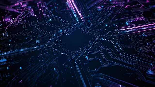 Detailed close-up of a blue illuminated circuit board with intricate network pattern