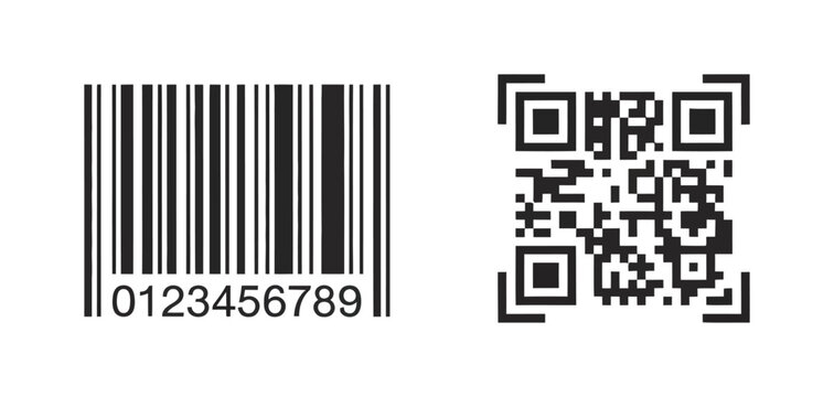 QR code and barcode icons set, payment and identification symbols for digital scanning, scan QR code and scan barcode interface, data access, checkout and verification concept.