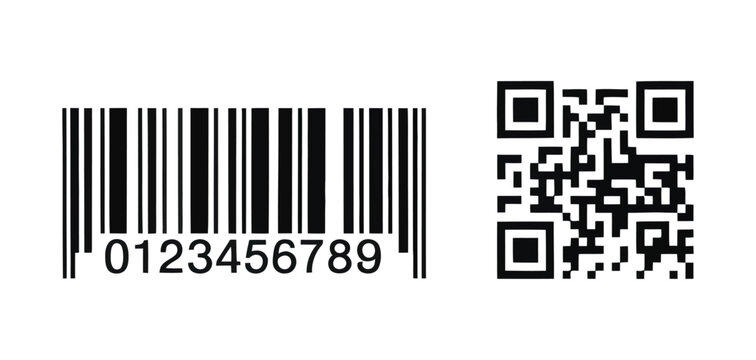 QR code and barcode icons set, payment and identification symbols for digital scanning, scan QR code and scan barcode interface, data access, checkout and verification concept.