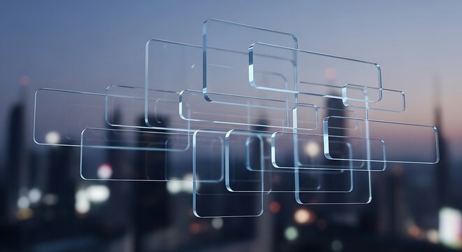 Floating transparent glass rectangles arranged in a modern geometric pattern against a blurred city skyline background, during the twilight hour