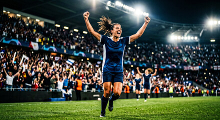 Naklejka premium female Soccer player celebrating goal in stadium under floodlights, arms raised in victory, dramatic sports action, cheering crowd, night match, cinematic football photography, championship success