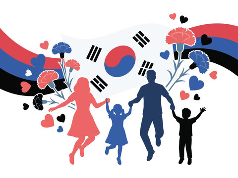 South korean family with flowers and hearts on national flag background