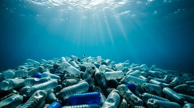 A large pile of plastic bottles lies scattered underwater with sunlight shining through the ocean surface.