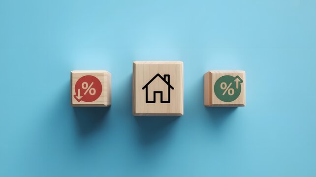 A house icon on wooden blocks with percentage symbols on either side