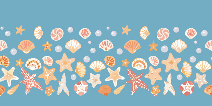 seashell border pattern on blue background starfish