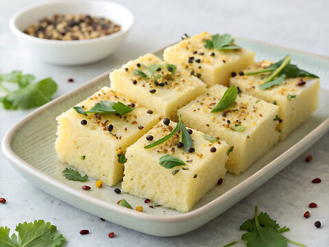 Photorealistic dhokla pieces with mustard seeds and herbs, Gujarati snack styling