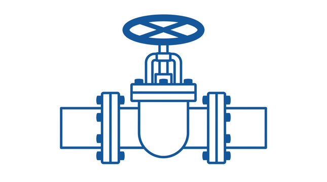 Industrial Gate Valve Icon, Blue Outline on White Background