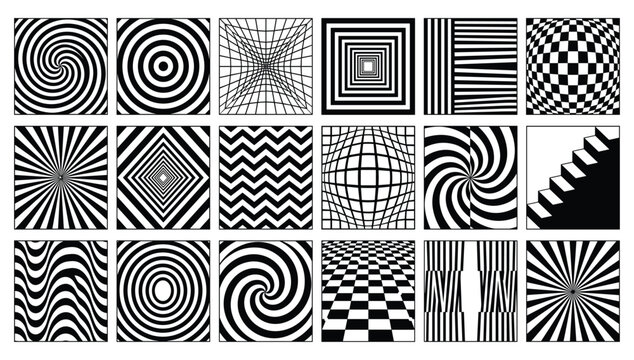 Optical Illusion and Op Art Pattern Vector Set with Hypnotic Spiral and Radial Designs for Psychedelic Backgrounds and Abstract Graphic Backdrops