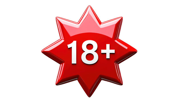 Red 18+ starburst badge icon, symbolizing age restriction for adult content or services