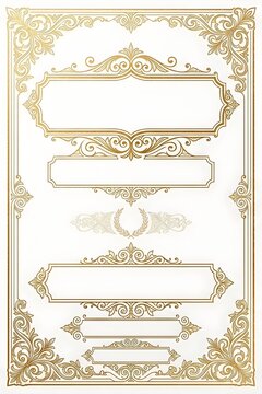 Elegant white and gold ornamental label page with multiple baroque nameplates, scrollwork borders and delicate corner flourishes, perfect for book title pages, invitations, packaging designs and luxur