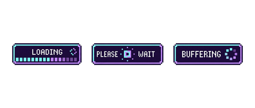 Purple pixel art loading buffering transparent PNG UI label set with progress bar and wait message