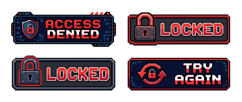Pixel art access denied locked try again transparent PNG button set for game security UI