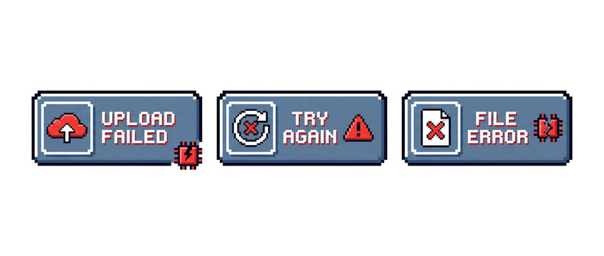 Pixel art upload failed file error try again transparent PNG button set for app and game UI
