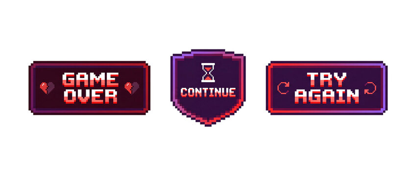 Pixel art game over continue try again transparent PNG button set for arcade game UI