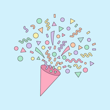 A colorful party popper explodes with festive shapes and confetti