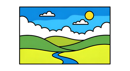 Fototapeta premium Stylized landscape illustration of rolling green hills a winding blue river and a bright yellow sun under a blue sky with clouds.