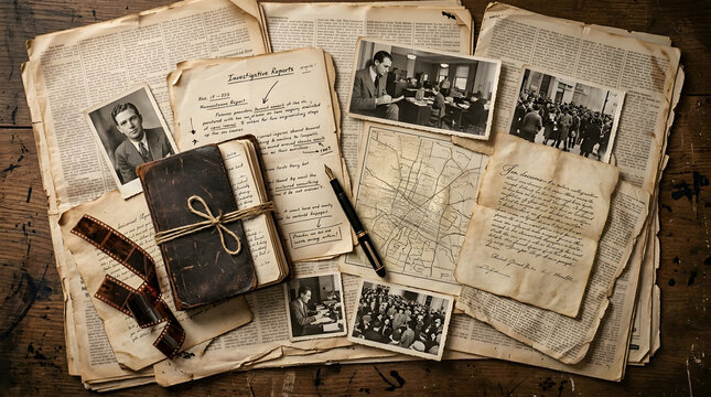 Vintage detective desk collage with old newspapers, historical photographs, leather journal, fountain pen and film strips